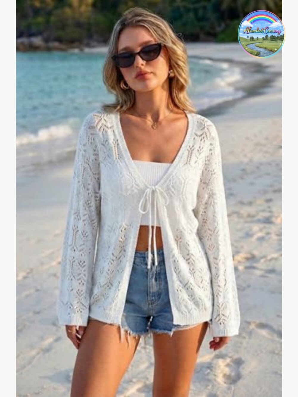Women's Linen Blend Crochet Cardigan Lightweight Boho Cover Up Beach Resort Wear - Picture 3 of 6